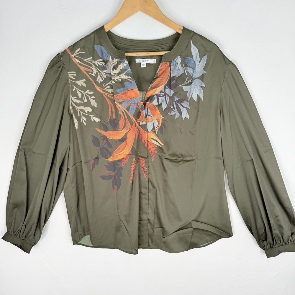 Chico's Women's Top Satin Placed Floral Blouse Primordial Forest  V Neck NWOT 20